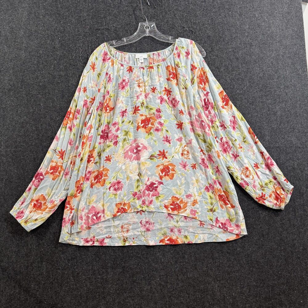 J Jill Shirt Women's XL Blue Pink Floral Rayon Cold Shoulder Balloon Sleeve